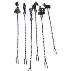 Set Of 6 Silver-Toned Twisted Metal Cocktail Forks With Flamenco & Bullfighter T